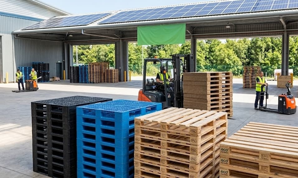 Modern facility with solar panels and various pallet types